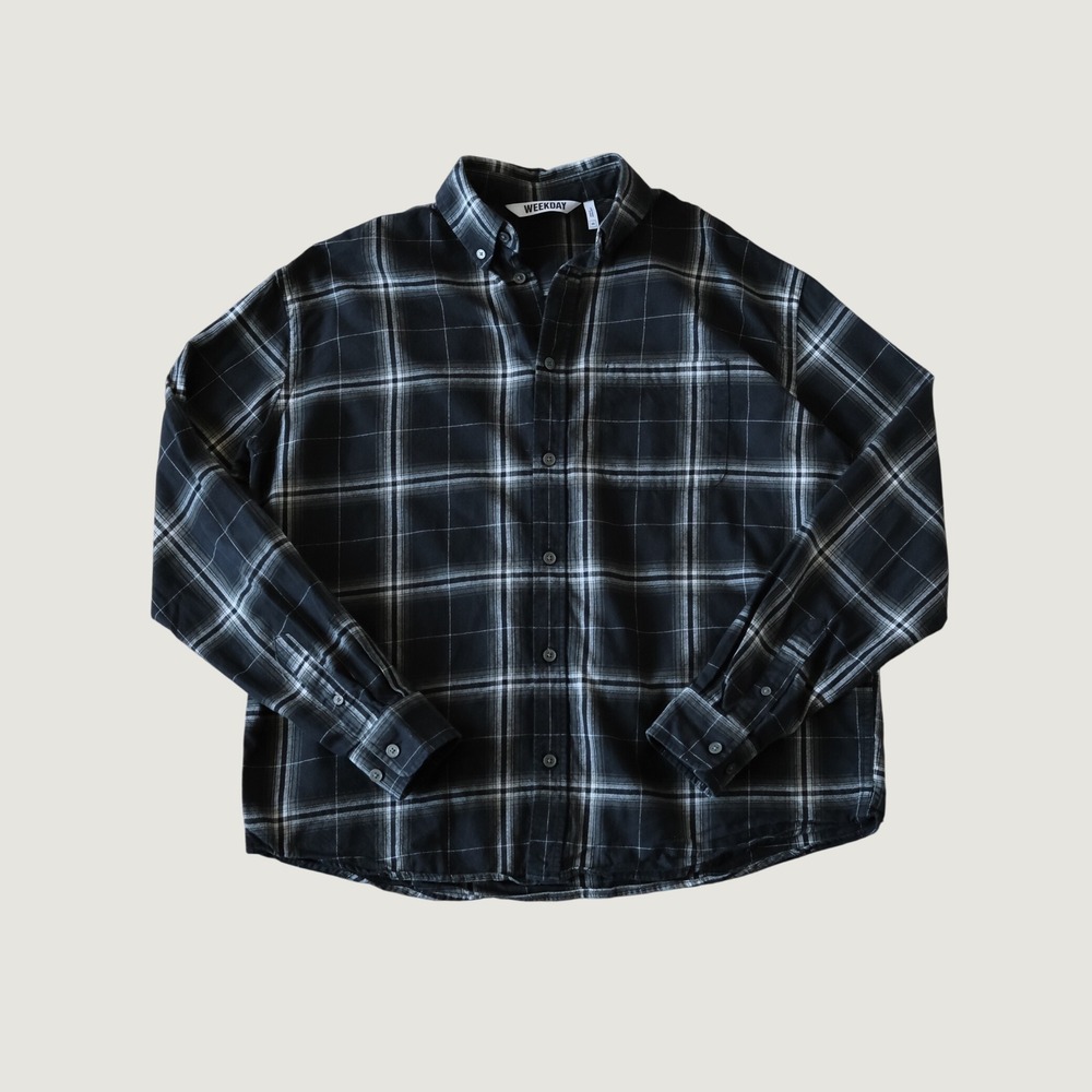 Weekday Button Down Shirt Plaid Black White 100% Cotton XS Flannel Streetwear